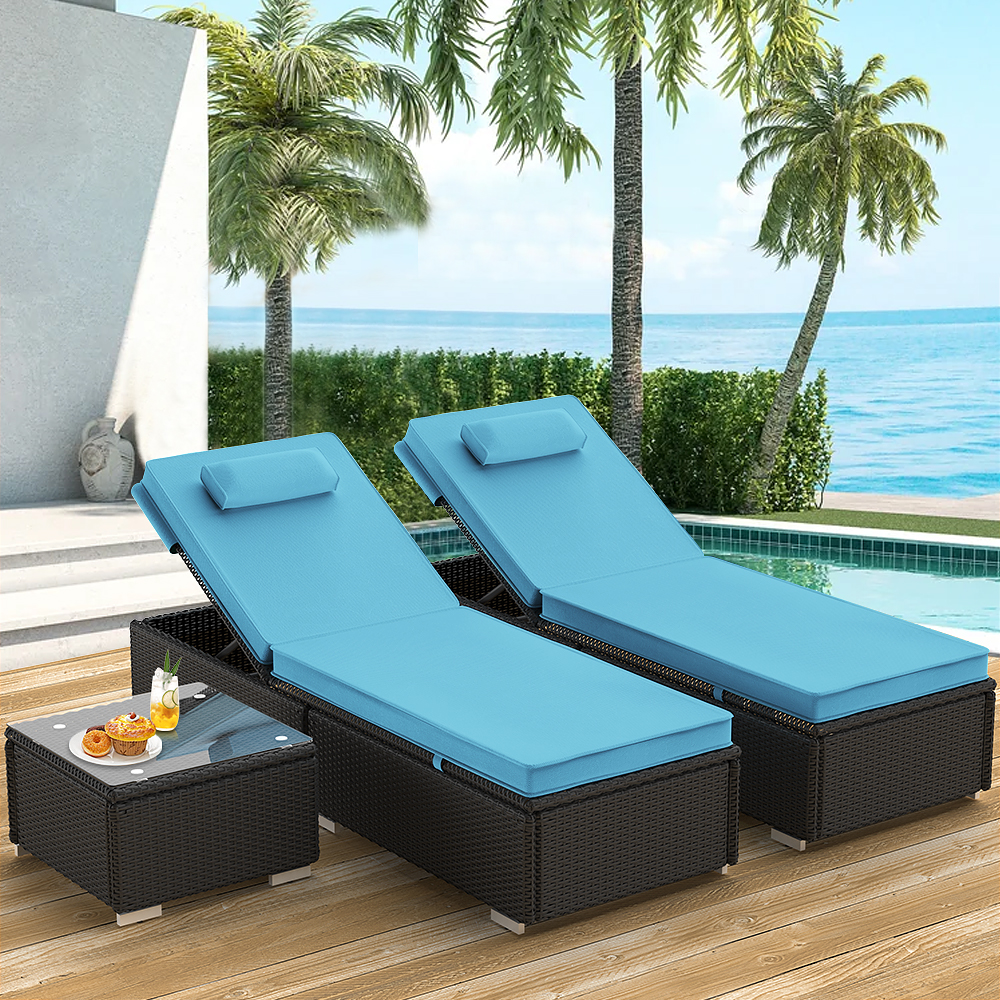 SEGMART 3 Pieces Outdoor Rattan Wicker Lounge Chairs Set, Adjustable Reclining Backrest Lounger Chairs and Table, Modern Rattan Chaise Chairs with Table & Cushions, Pool, Yard, Deck - Blue - image 3 of 9
