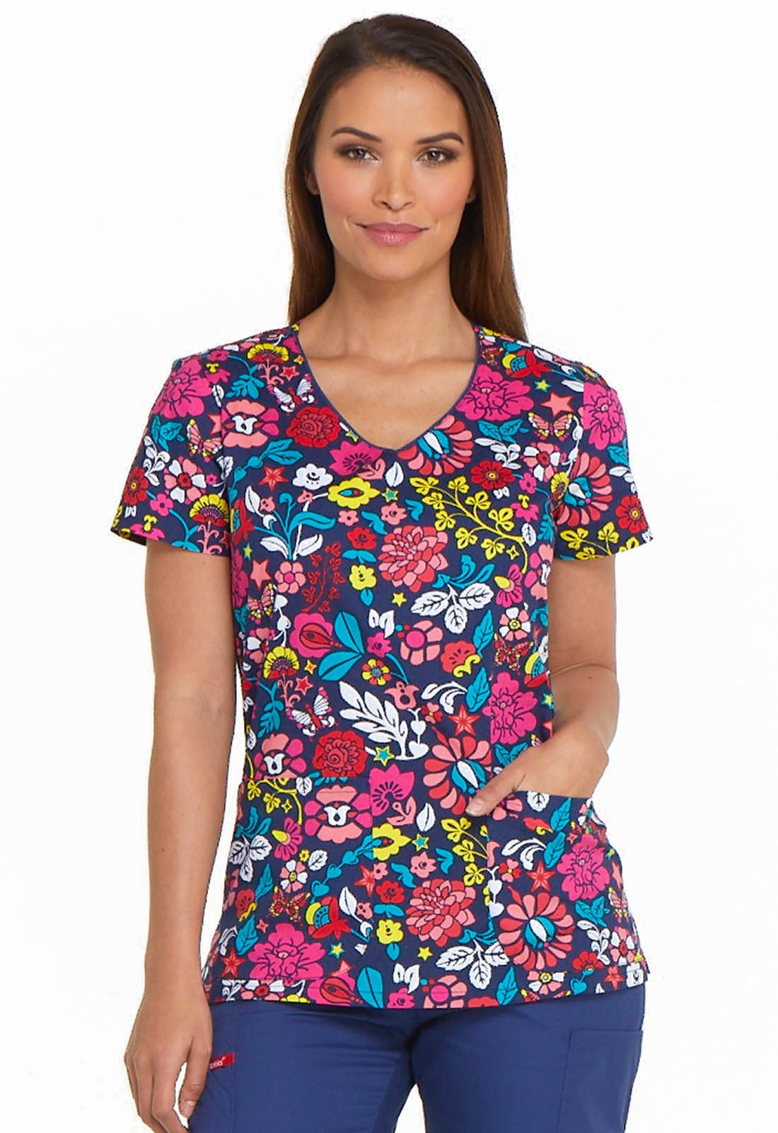 Dickies EDS Women Scrubs Top, VNeck, DK700, XS, Folklore Floral