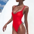 thumbnail image 3 of Traje de baño de una pieza con cuello en V para mujer, traje de baño elegante y sencillo de Color puro transpirable para fiesta en la playa, rojo L, 3 of 5