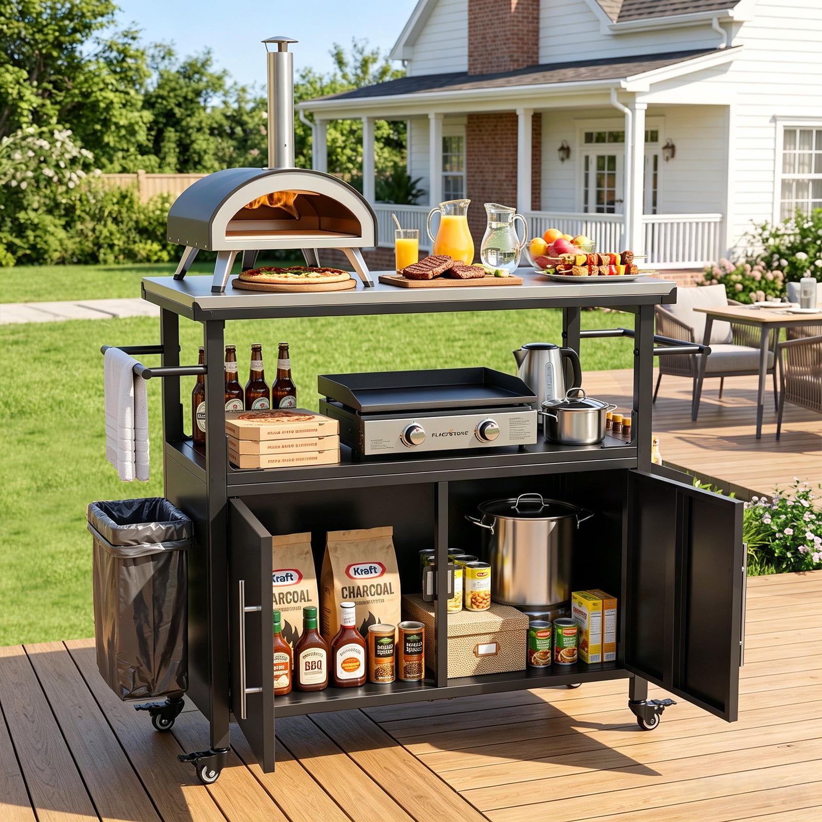 Outdoor Grill Cart with Patio Furniture, Outdoor Grill Table with Storage, Rolling Bar Cart Outdoor BBQ Cart with Towel Rack and Spice Rack for Grilling Accessories