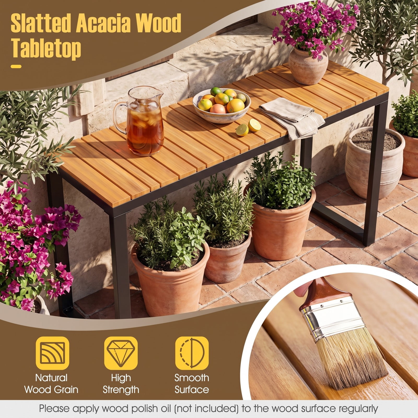 Furnibear Outdoor Rectangle Console Table with Slatted Acacia Wood Tabletop and Metal Frame for Patio and Living Room, Natural