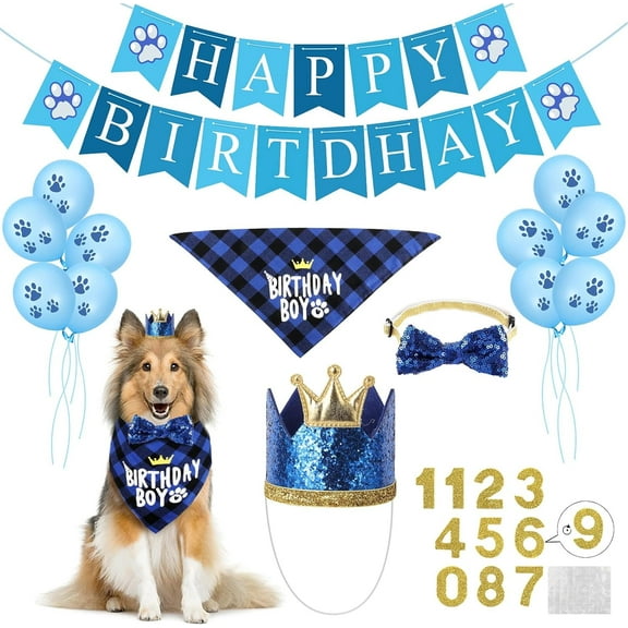 WLGJL Pet Birthday Party Supplies, Birthday Hat Bandana Scarf with Cute Bow Tie, Flag, Balloons, Party Supplies Decorations (Blue)