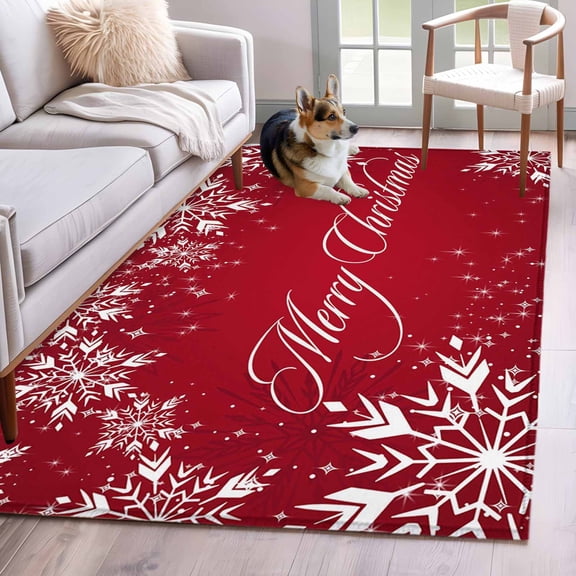 Red Christmas Area Rug 3x5 Washable Rug Non Slip White Snowflake Xmas Star Winter Vintage Large Area Rug Indoor Floor Carpet for Entryway Bedroom Kitchen Living Room Home Office Dining Room Nursery