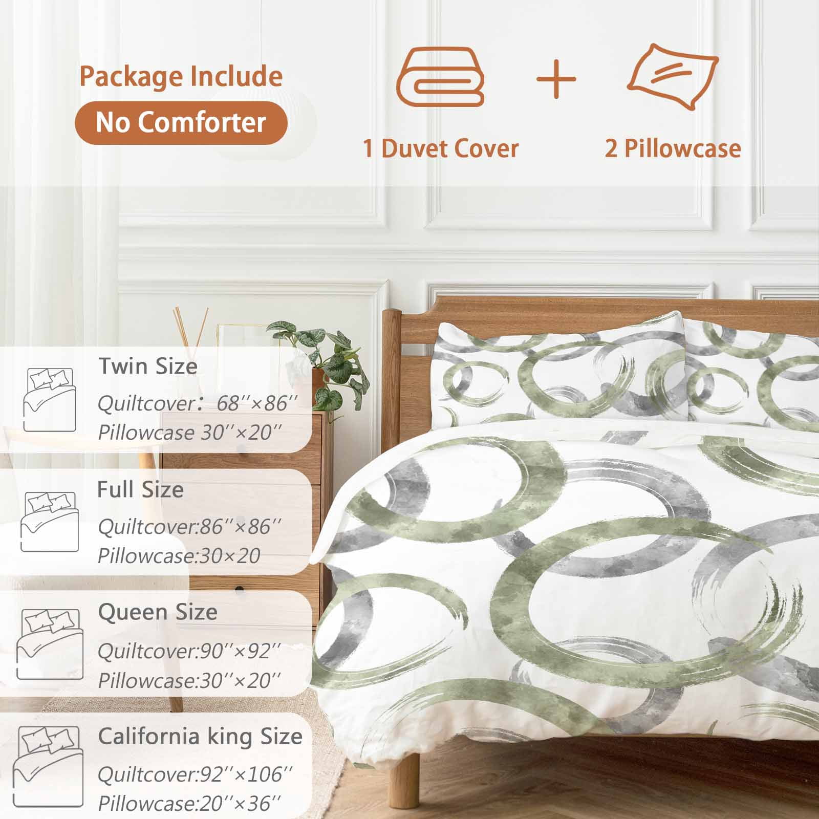 Sage Green Grey Bedding 3 Piece Duvet Cover Set Twin Size, Geometric Circle Modern Abstract Simple Art Soft Microfiber Comforter Cover with Zipper Closure & Pillowcases, FadeResistant Quilt Cover