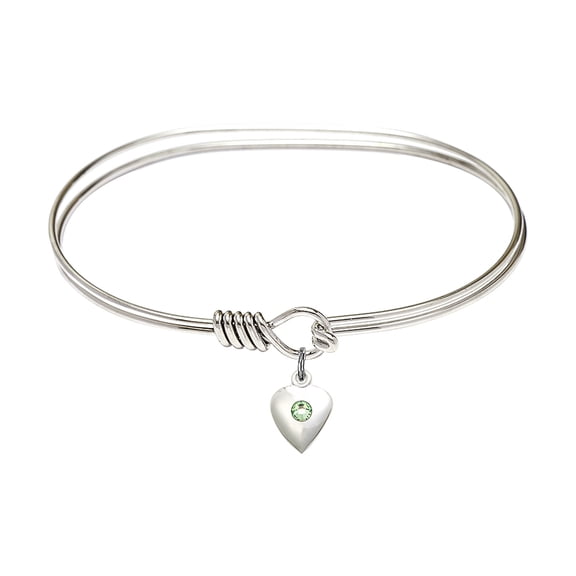 7 inch Oval Eye Hook Bangle Bracelet w/ Heart medal charm w/ August Green Swarovski Crystal