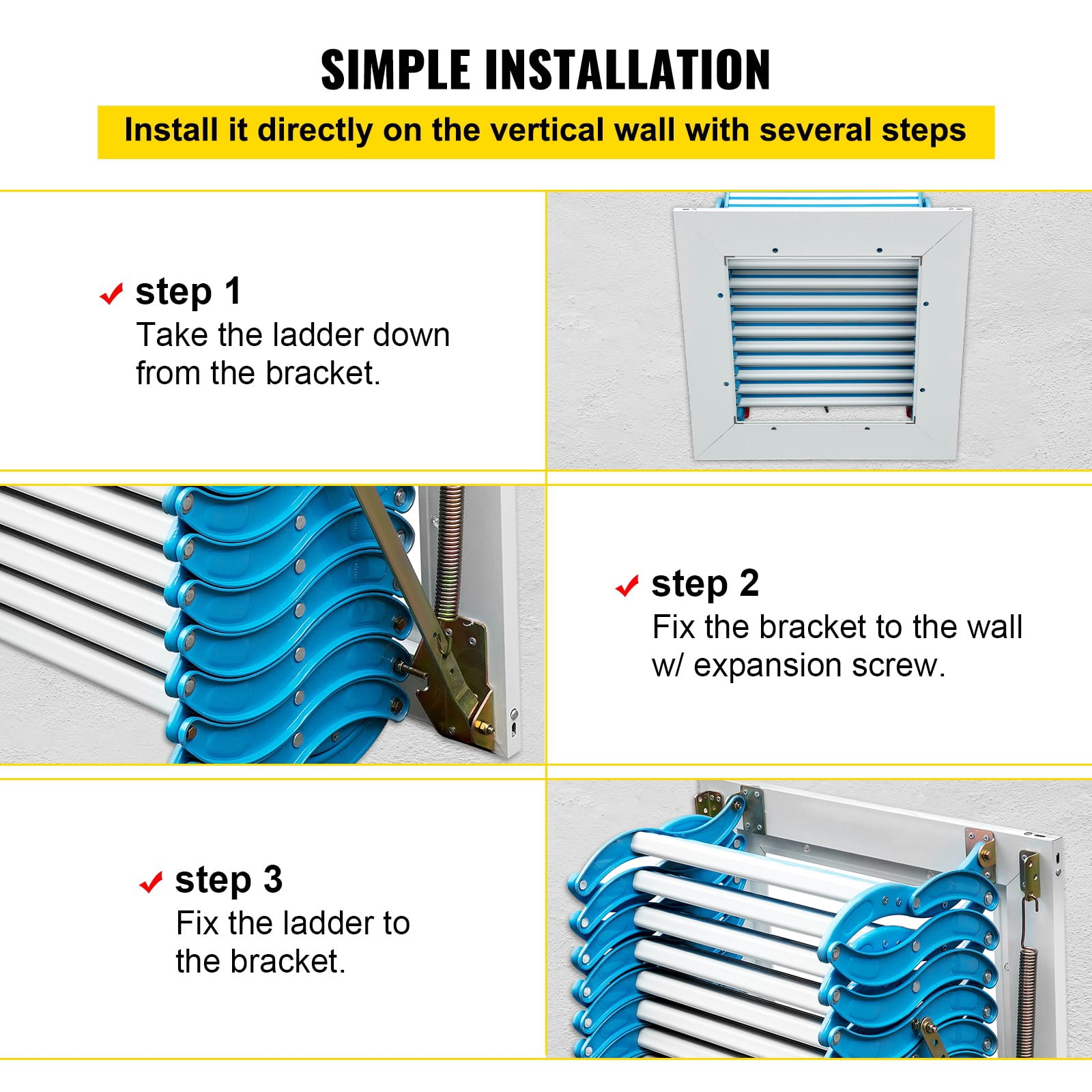 BENTISM Retractable 12 Steps Pulldown Attic Stairs Folding Loft Ladder, 19.7 x 5.5 in, Mg-Al Alloy, Blue
