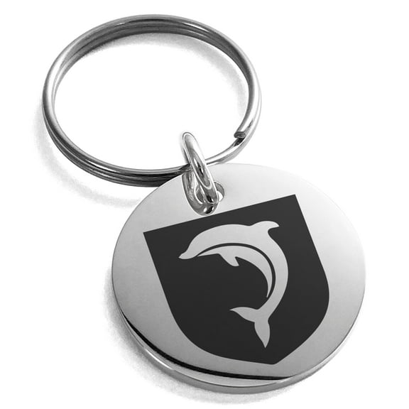 Tioneer Stainless Steel Dolphin Diligence Coat of Arms Shield Engraved Small Medallion Circle Charm Keychain Keyring