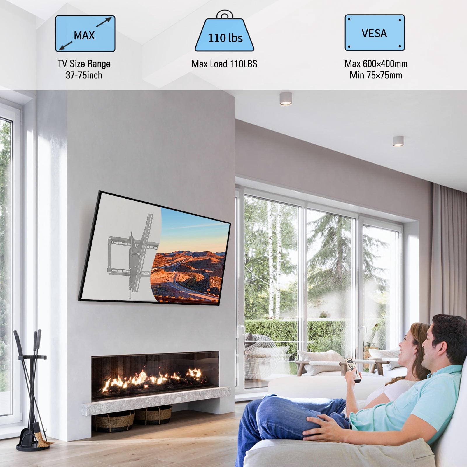 MOUNT PRO Tilting TV Wall Mount for TVs up to 75 Inch, 110 lbs, Max VESA 600x400mm, Low Profile TV Bracket Fits 24" Wood Stud