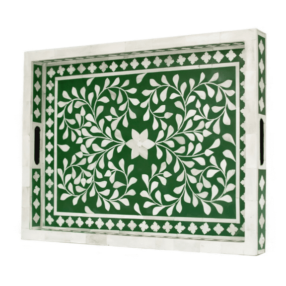 Bone Inlay Serving Tray – Deep Green with White Floral Design, Rectangular, Symmetric Leaves, Geometric Border, Cut-Out Handles