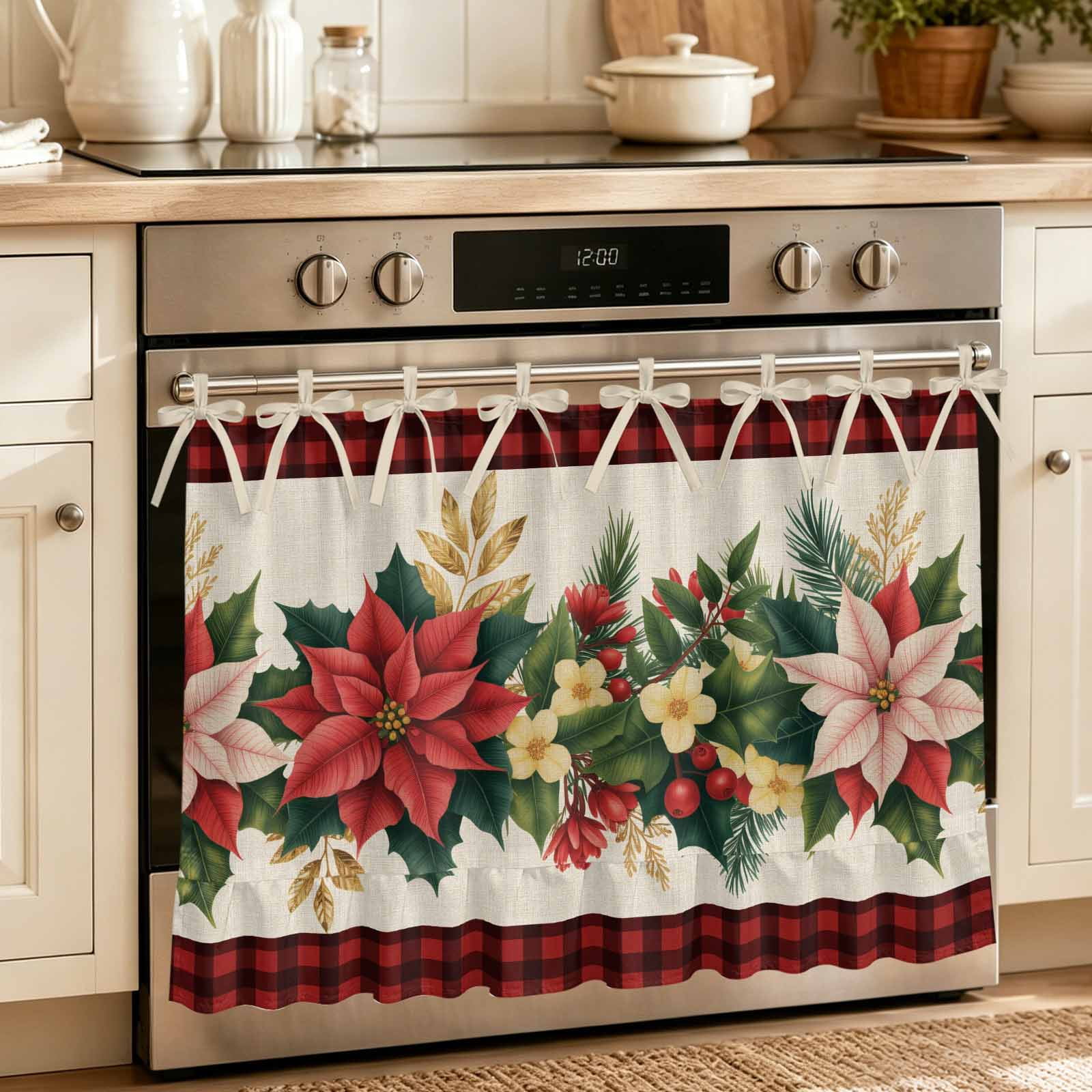 Oven Curtain for Kitchen Vintage Christmas Holly Leaf Stove Curtain With Ruffled Trim Dishwasher Curtains Red Black Plaid Oven Skirt 32 x24