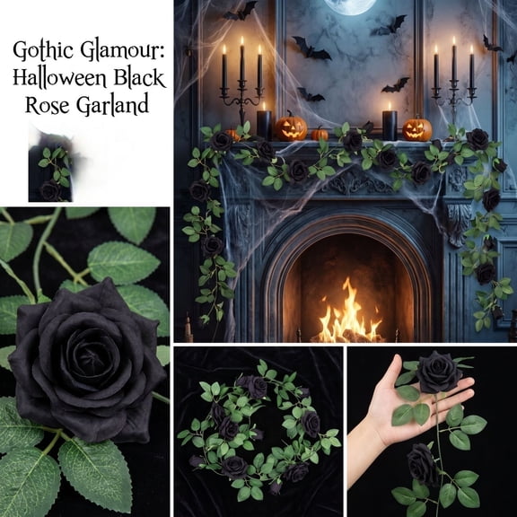2 Pack Halloween Black Artificial Flower Garland Each 6.5FT Fake Rose Vine Hanging Rose Garland for Wedding Flowers Table Arrangement Outdoor Wall Decor