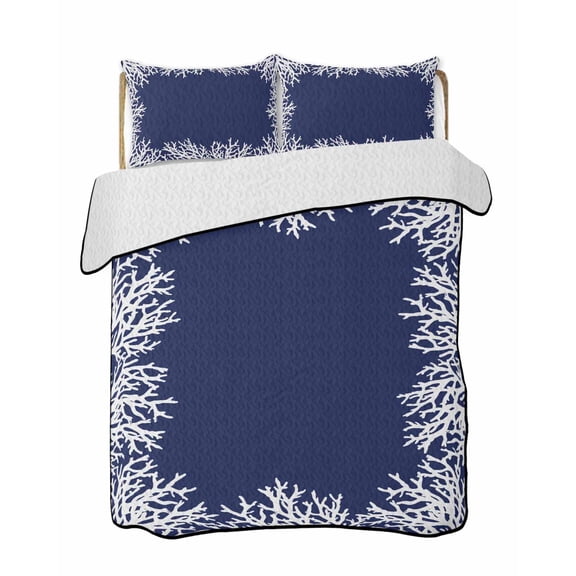 Quilts Queen Size Bedding Set, Coastal Coral Lightweight Quilted Comforter, Navy Blue Ocean Marine Nautical Beach Soft Reversible Bedspread Coverlet with Pillow Covers for All Season, 90" x 96"