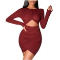 thumbnail image 1 of Vestido corto de manga larga con falda de cadera envuelta informal de color sólido con costura de cuello redondo para mujer Wmkox8yi  FGJ514, 1 of 1