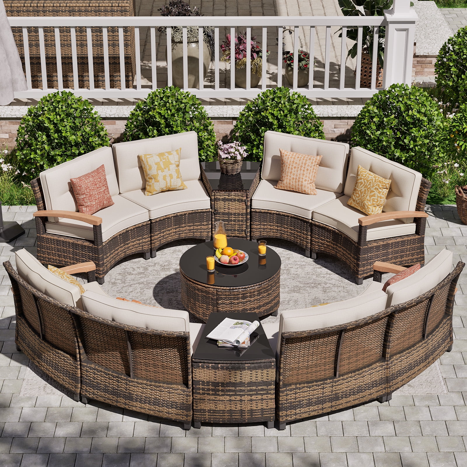 MEISSALIVVE 11 Piece Outdoor Patio Furniture Set, Half-Moon Curved Rattan Conversation Set with Wood Armrests, Coffee Table & 2 Side Table(Beige)