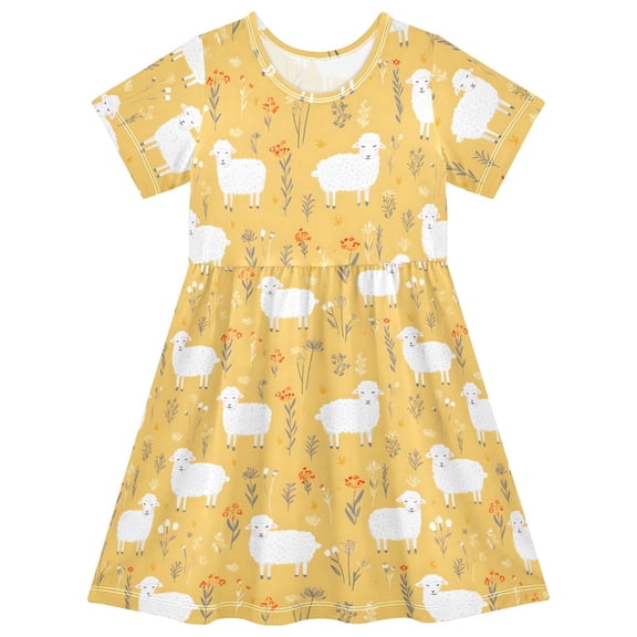 joogoo Cute Sheeps Flowers Girls' Short Sleeve Dress Kids Dresses 5-6T
