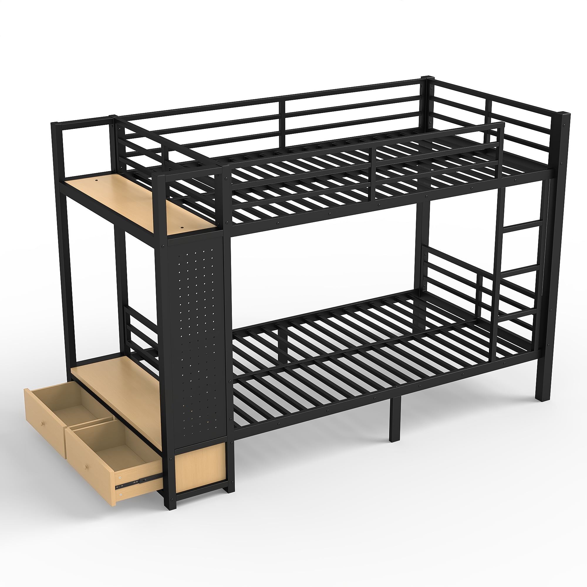 Leumius Twin XL over Twin XL Metal Bunk Bed with Built-in Wardrobe,Heavy Duty Loft Bed Frame with Storage Shelves,Drawers and Pegboard,Space-Saving,Black