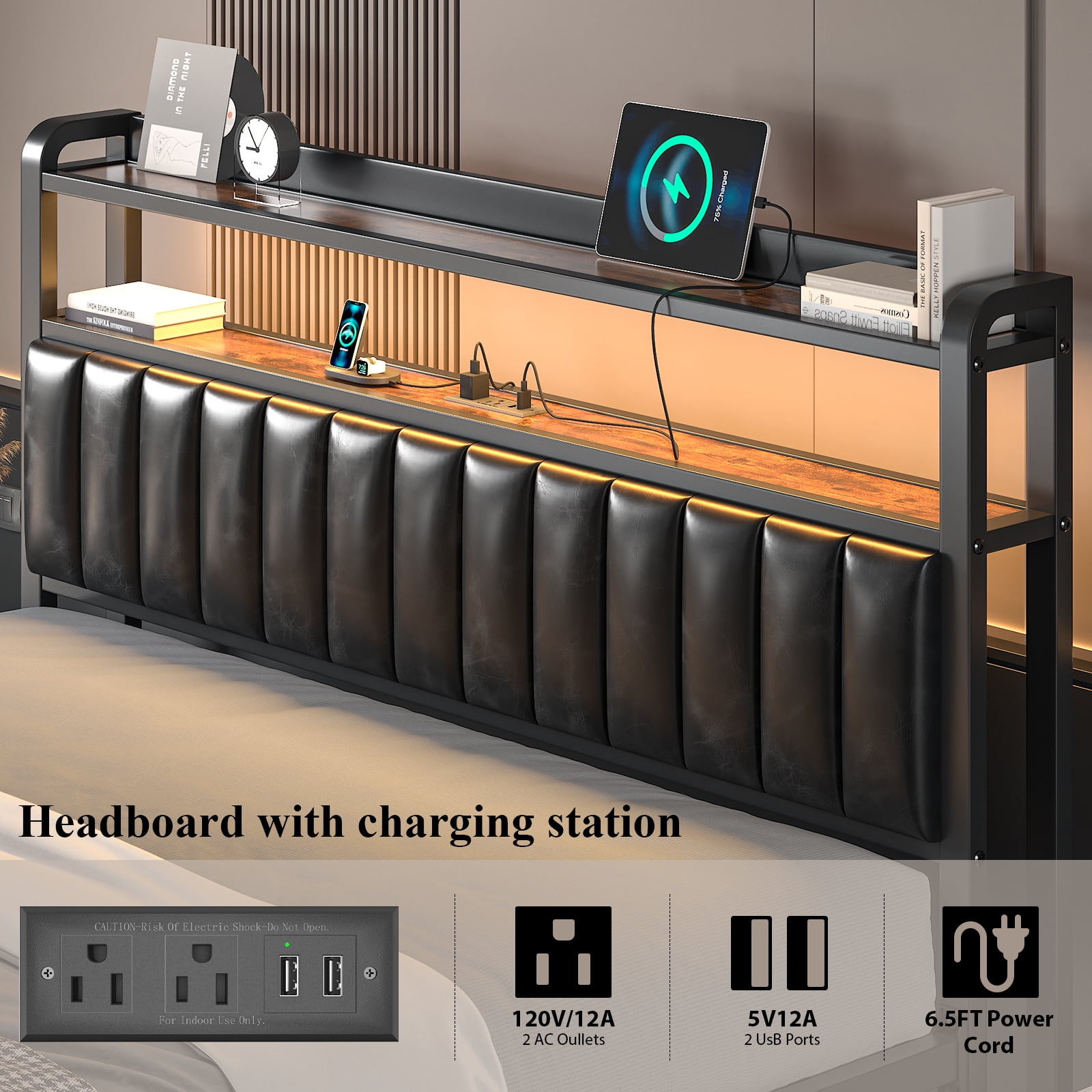 Full Size Bed Frame with Storage Drawer, LED Upholstered Platform Bed with Charging Station, Metal Slats, Black