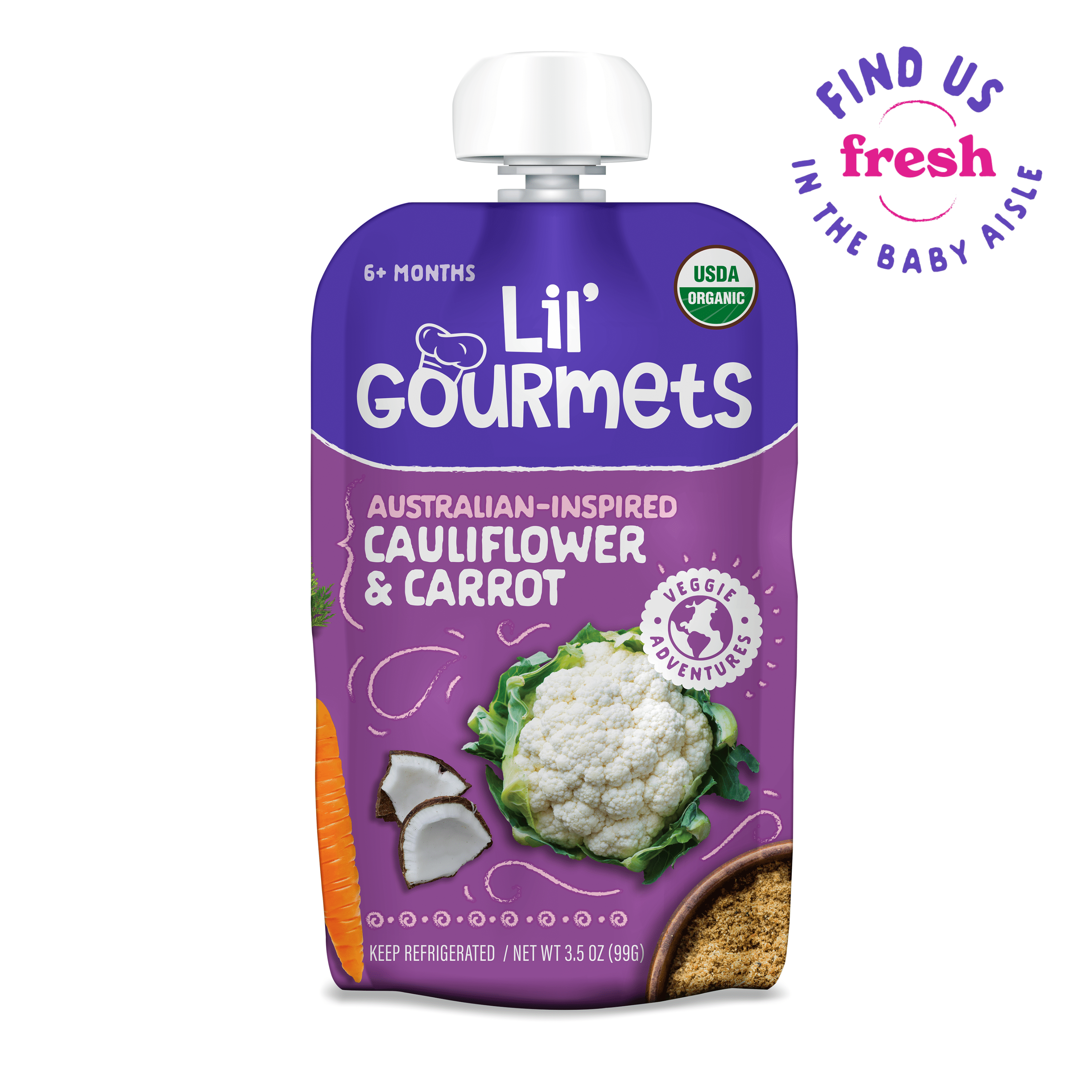 (6 pack) Lil' Gourmets Refrigerated Stage 2 Baby Food , Australian-Inspired Cauliflower & Carrot,  3.5 oz Pouch