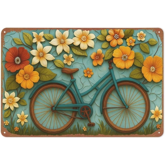 Retro Floral Bicycle Metal Sign Tin Poster Wall Art for Family Room Bedroom Basement Decor 8x12 Inch