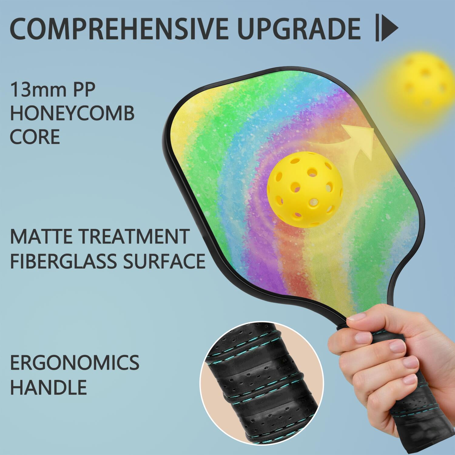 Pickleball Paddles Set Of 2, Fiberglass Surface, Vibrant Rainbow Print, 4 Balls & Bag