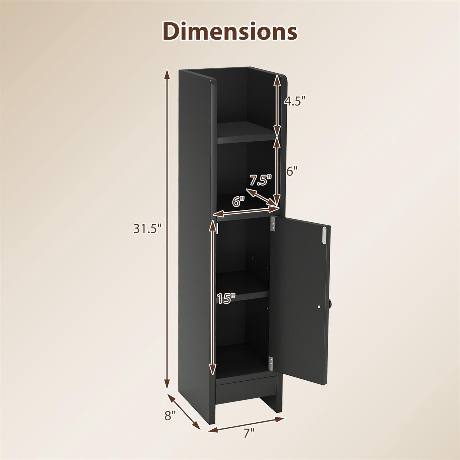Spaco Black Slim Bathroom Corner Cabinet, 1 Door & Adjustable Shelves with Fall Guard