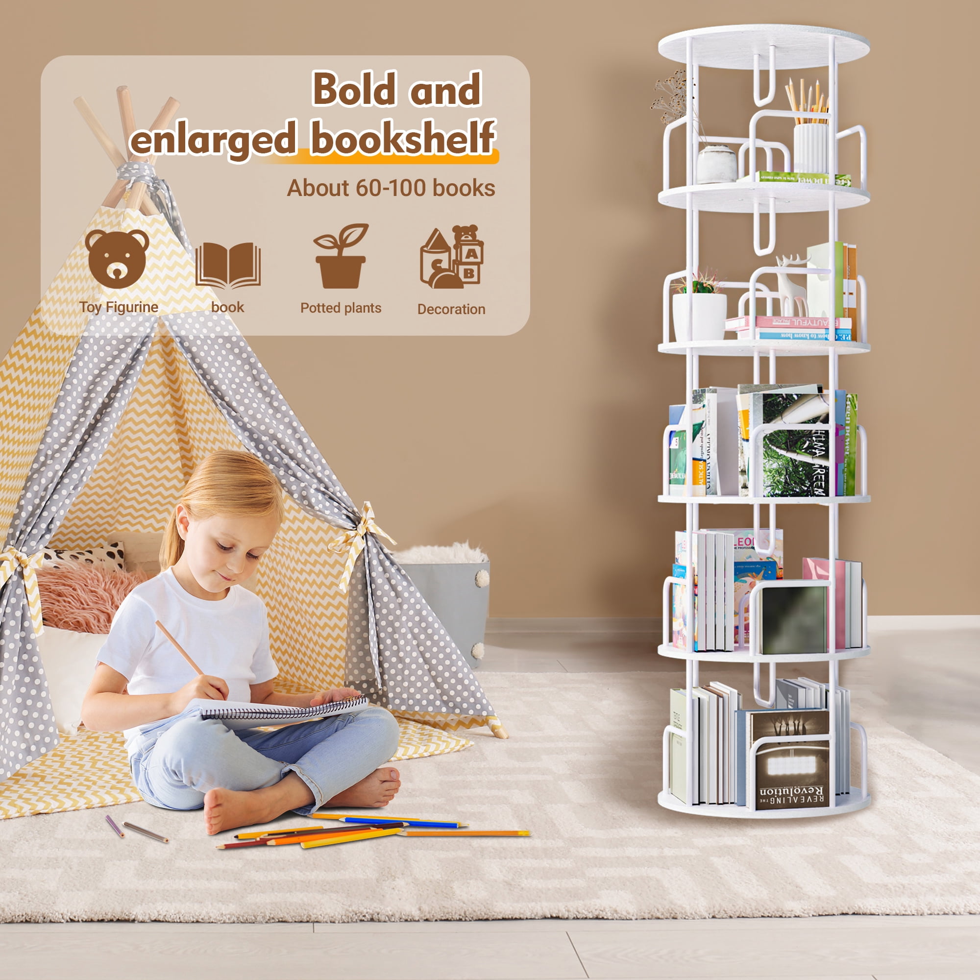 Rotating Bookshelf Tower 5 Tier,Spinning Bookcase, Revolving 360 Book Shelf Narrow Tall Bookcase, Vertical Turning Round storage Bookshelf ,Book Shelf Organizer for Bedroom, Living Room, White