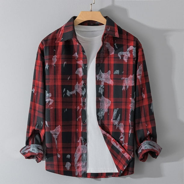 Blusa y camisa de manga larga con cuello vuelto para hombre, estilo casual, de color liso, con botones, de poliéster.