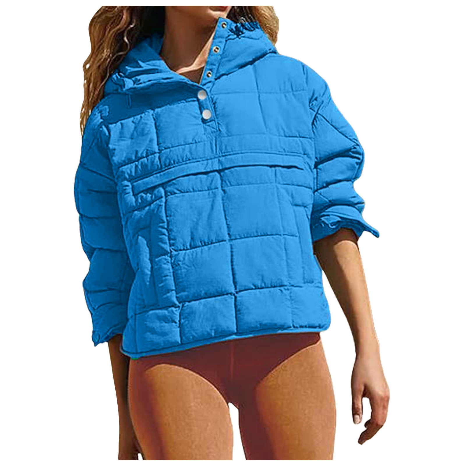 GEWSEY Quilted Puffer Jacket Womens with Hood Packable Pullover Jacket Lightweight Oversized Winter Warm Padded Coats (Sky Blue, L)