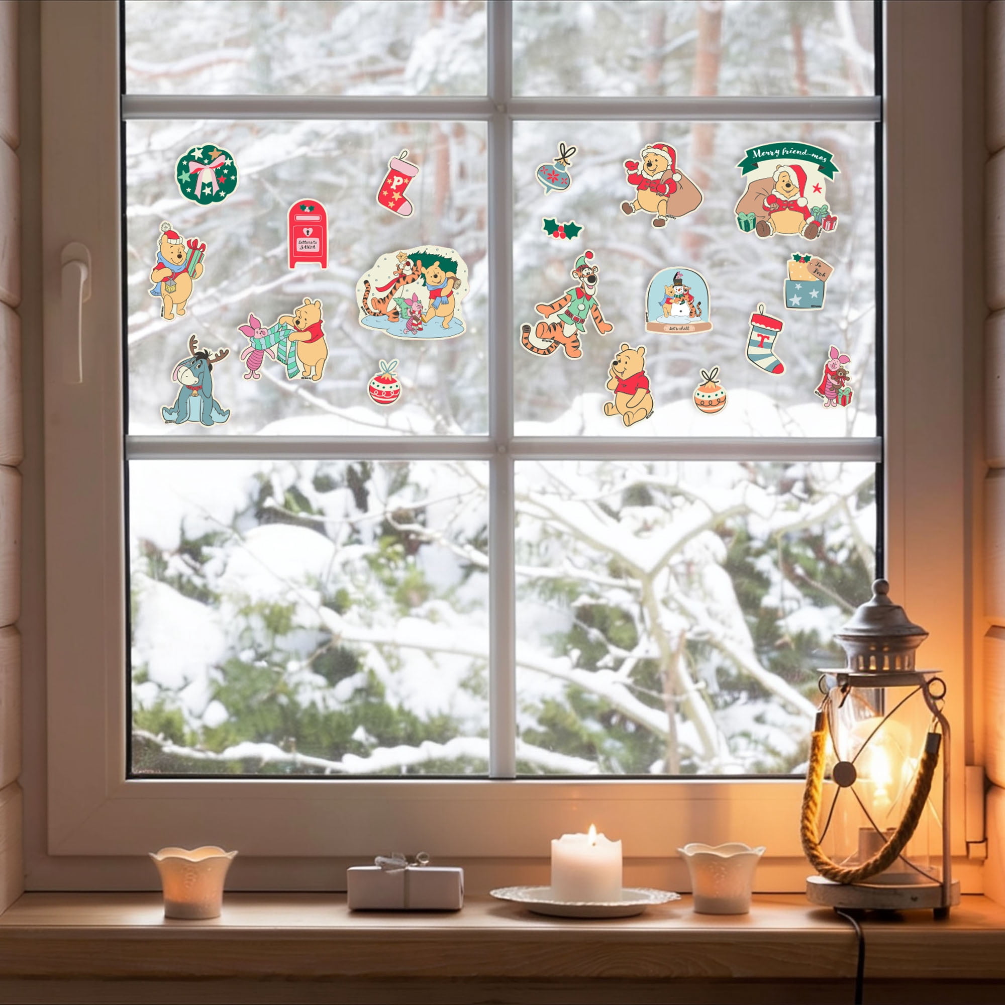 Disney Winnie the Pooh Christmas Window Clings, 19‑Piece Holiday Window Decorations – Pooh, Piglet, Tigger & Eeyore