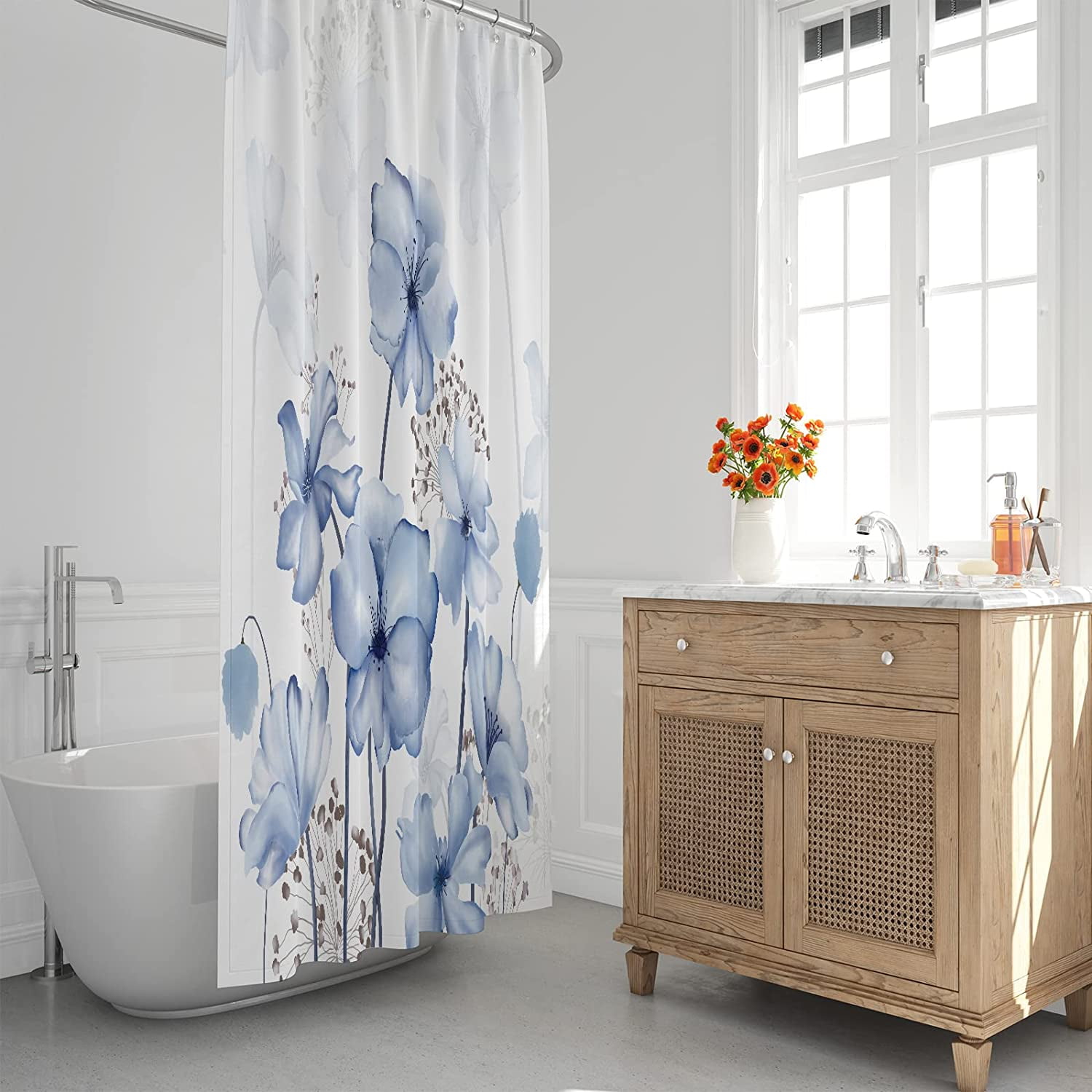 Extra Long Shower Curtain72x84 inch Length Watercolor Blue Floral Shower Curtain Sets,Navy and White Flowers Bathroom Curtains,Modern Art Bath Curtain,Waterproof Fabric with Hooks