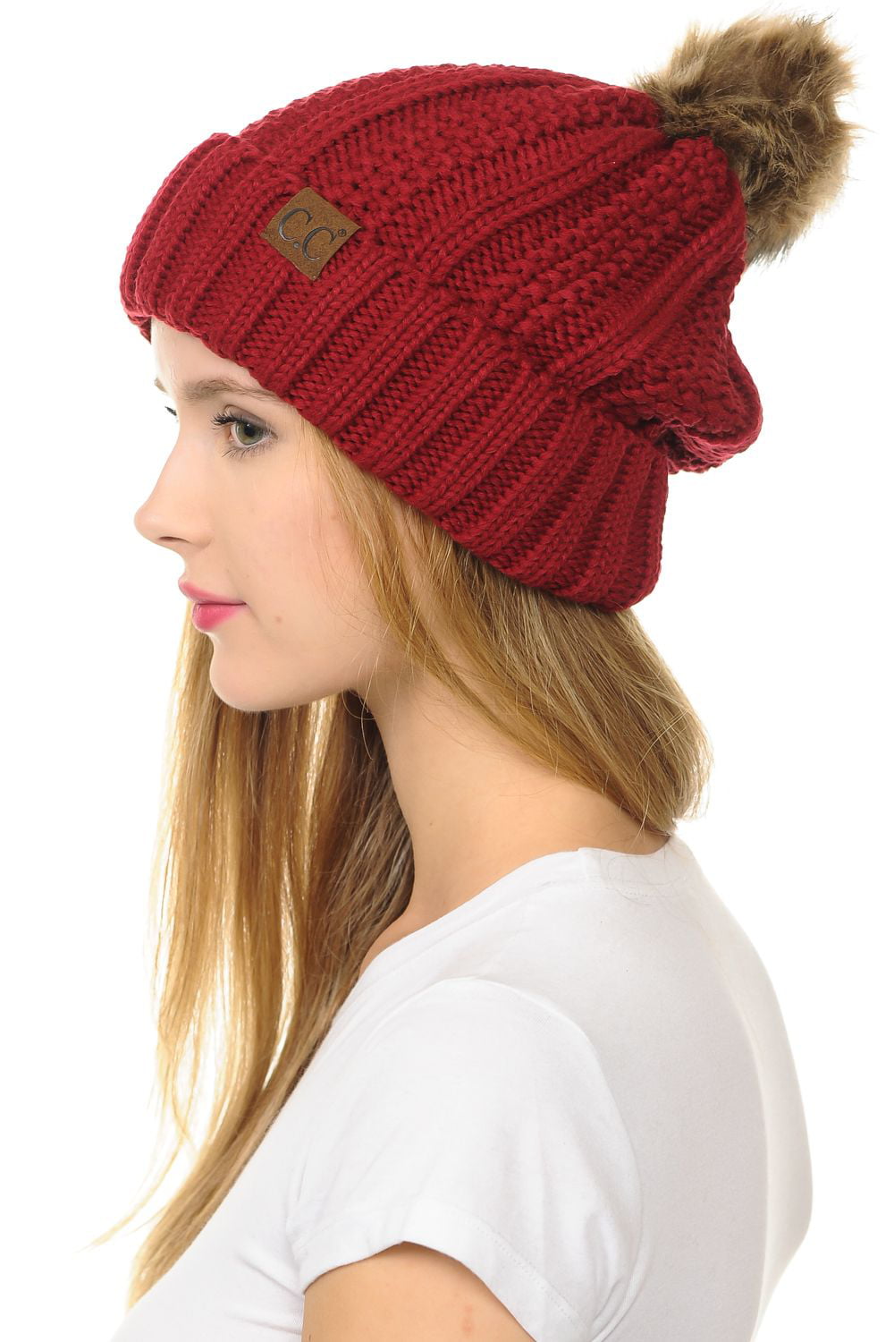 Meadow Cable Knit Beanie with Finn Raccoon Fur Pom Pom in Red