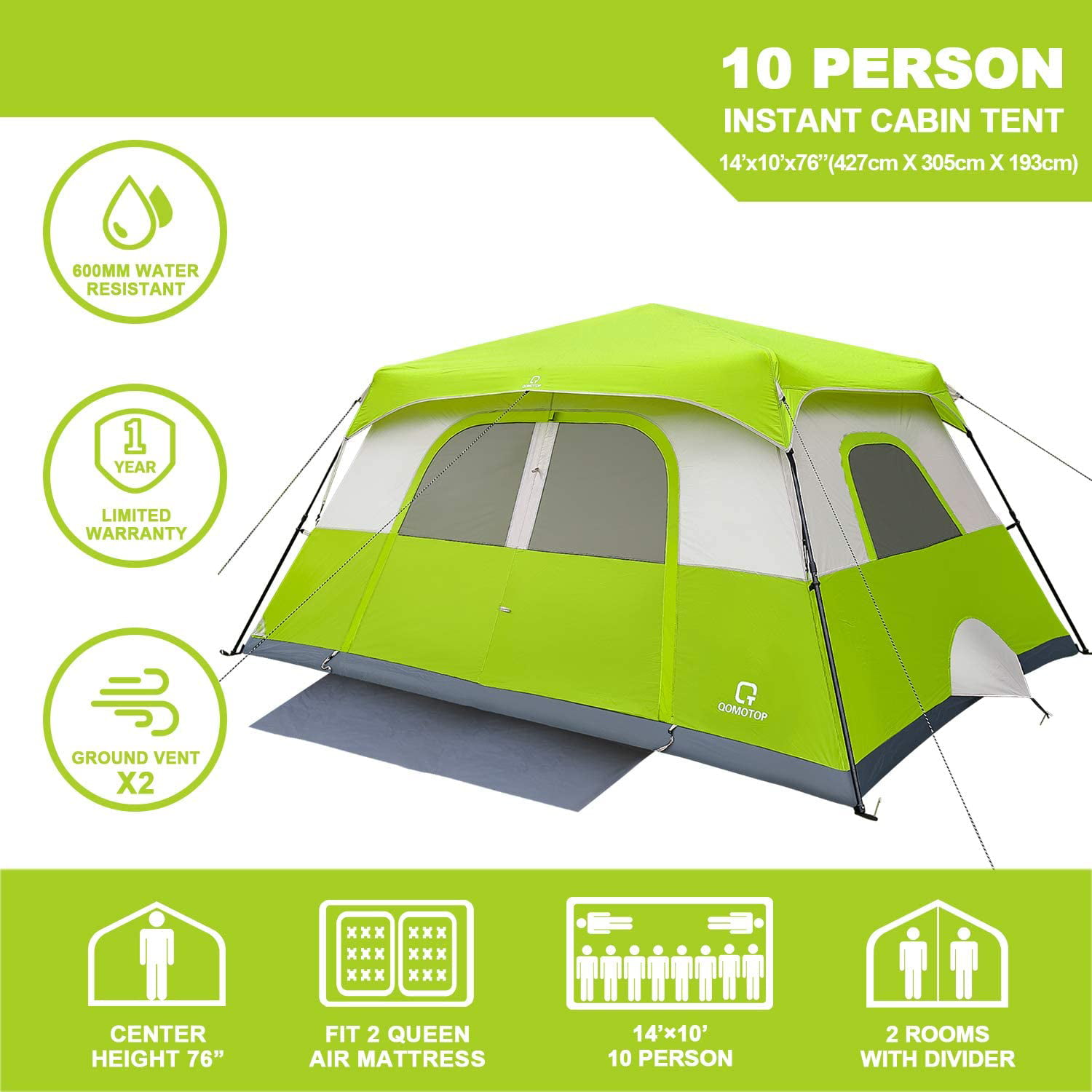 QOMOTOP 10 Person Camping Tent, 60 Seconds Set up Waterproof Tent,Green