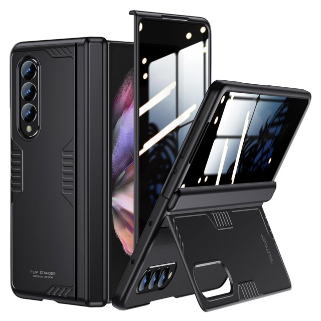 funda leiau multifunción business para samsung galaxy z fold 3 funda negra texturizada profesional, vista frontal y trasera con soporte oculto desplegado y recortes para cámara triple; bisagra reforzada, protector de pantalla de privacidad y perfil delgado antideslizante, adecuada también para ver videos manos libres.