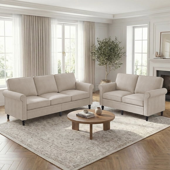 Puremind 2 Piece Sofa Set for Living Room, 3 Seater Sofa and Loveseat Set, Living Room Furniture Sets, Beige