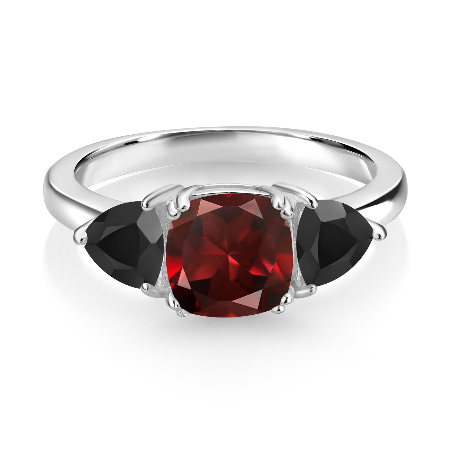 Gem Stone King 925 Sterling Silver Red Garnet and Black Onyx 3 Stone Engagement Ring for Women (2.57 Cttw, Gemstone January Birthstone, Available in Size 5, 6, 7, 8, 9)