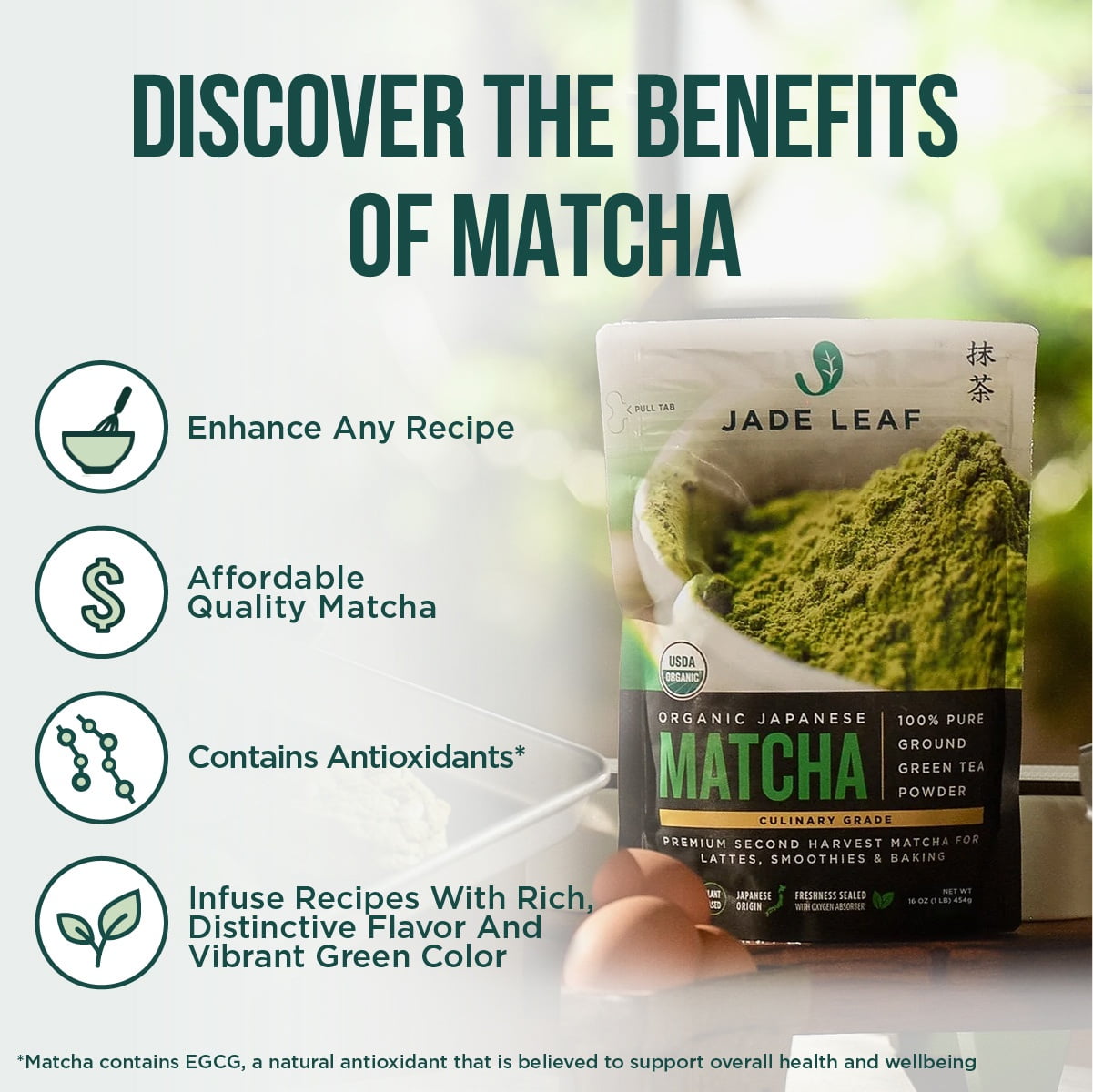Jade Leaf Organic Matcha Powder, Culinary Grade, 16 oz Pouch
