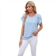 thumbnail image 4 of Camisa de con Cuello Redondo, Mangas Pétalo, Color Liso y Pompones, Azul XXL, 4 of 10