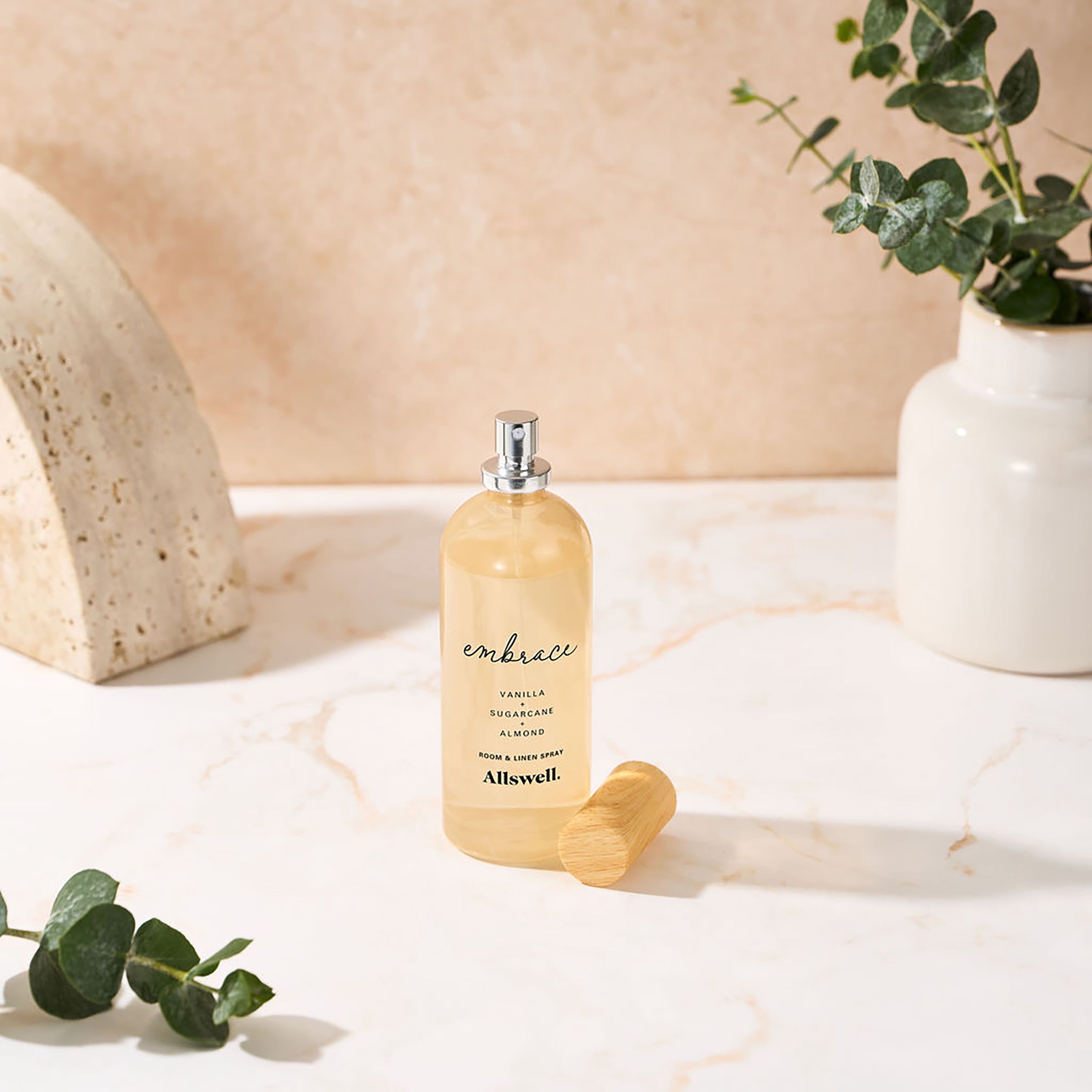 Allswell Embrace (Vanilla + Sugarcane + Almond) Scented Room & Linen Spray 3.4 fl oz (100mL).