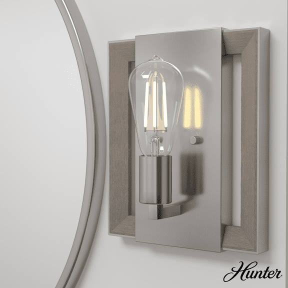 Hunter - Woodburn 1-light Brushed Nickel, Medium Size Sconce Light, Dimmable, Modern Style, for Bedrooms, Kitchens, Dining, Living Rooms - 19867