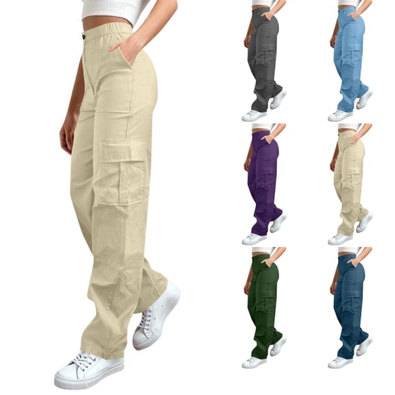VtModv Women Solid Color With Elastic Waist Casual Clothes Pockets Full Length Pants Senior Front Cargo Pants Women