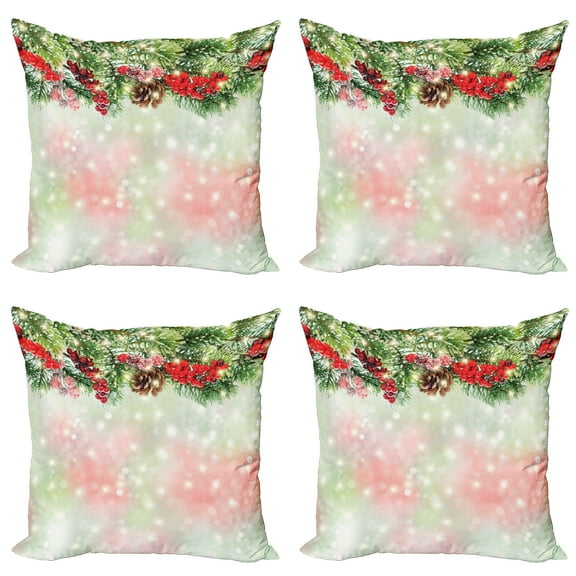 Ambesonne Christmas Throw Pillow Cover 4 Pack, Green Branches Holly, 18", Red Green Brown