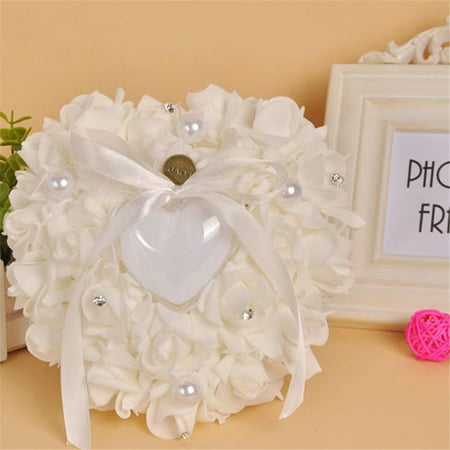 Wedding Ceremony Ivory Satin Crystal Flower Ring Bearer Pillow