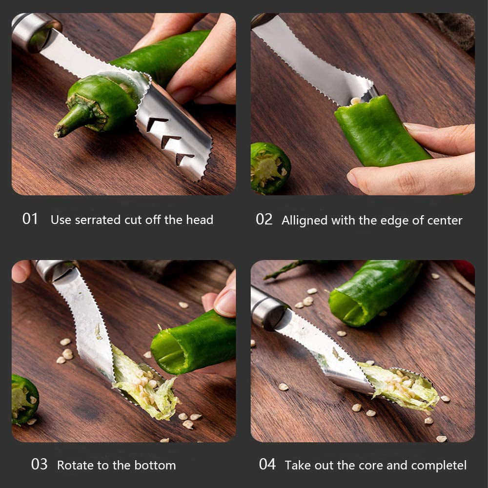 Green Chilis NECANCE Jalapeno Pepper Corer Tools，Kitchen Tool Chili Corer Remover with Serrated，For Cutting The Tops Off Jalapenos Red Banana & Bell Peppers 