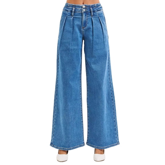Full Size Mid Rise Fit Wide Leg with Pleated Detail Jeans