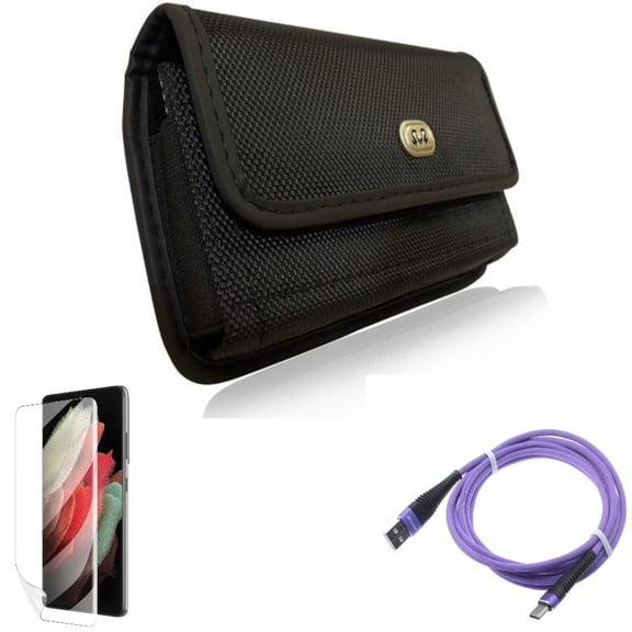 10ft USB Cable & Case Belt Clip & Matte Screen Protector for Samsung Galaxy S22 Plus (S22 ) - Combo Purple Type-C Charger Cord & Rugged Holster & TPU Film Anti-Glare
