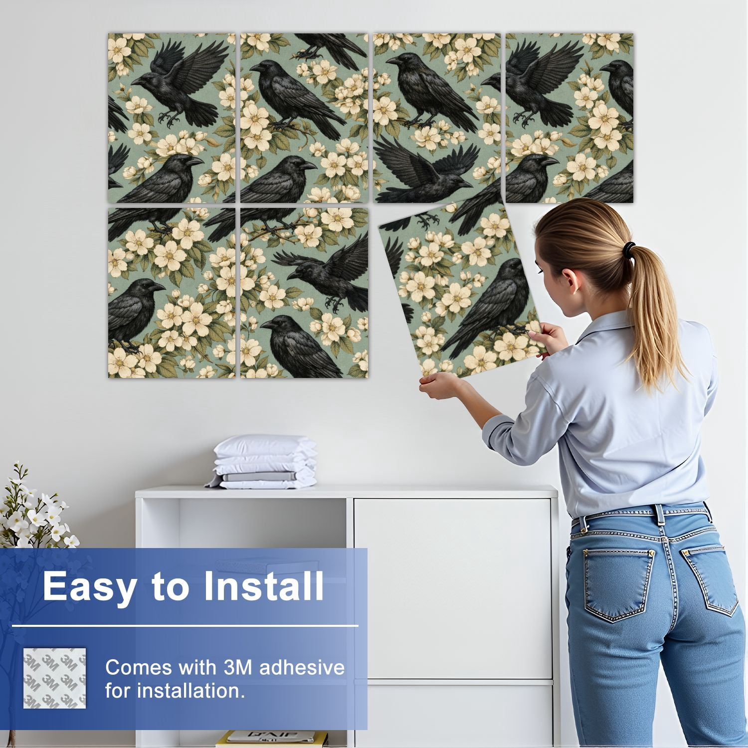 8 Pack Art Acoustic Panels Black Birds Perching Floral Green Self Adhesive Absorbing Dampening Panels Self Adhesive for Nursery Game Room Bedroom 48"x32"