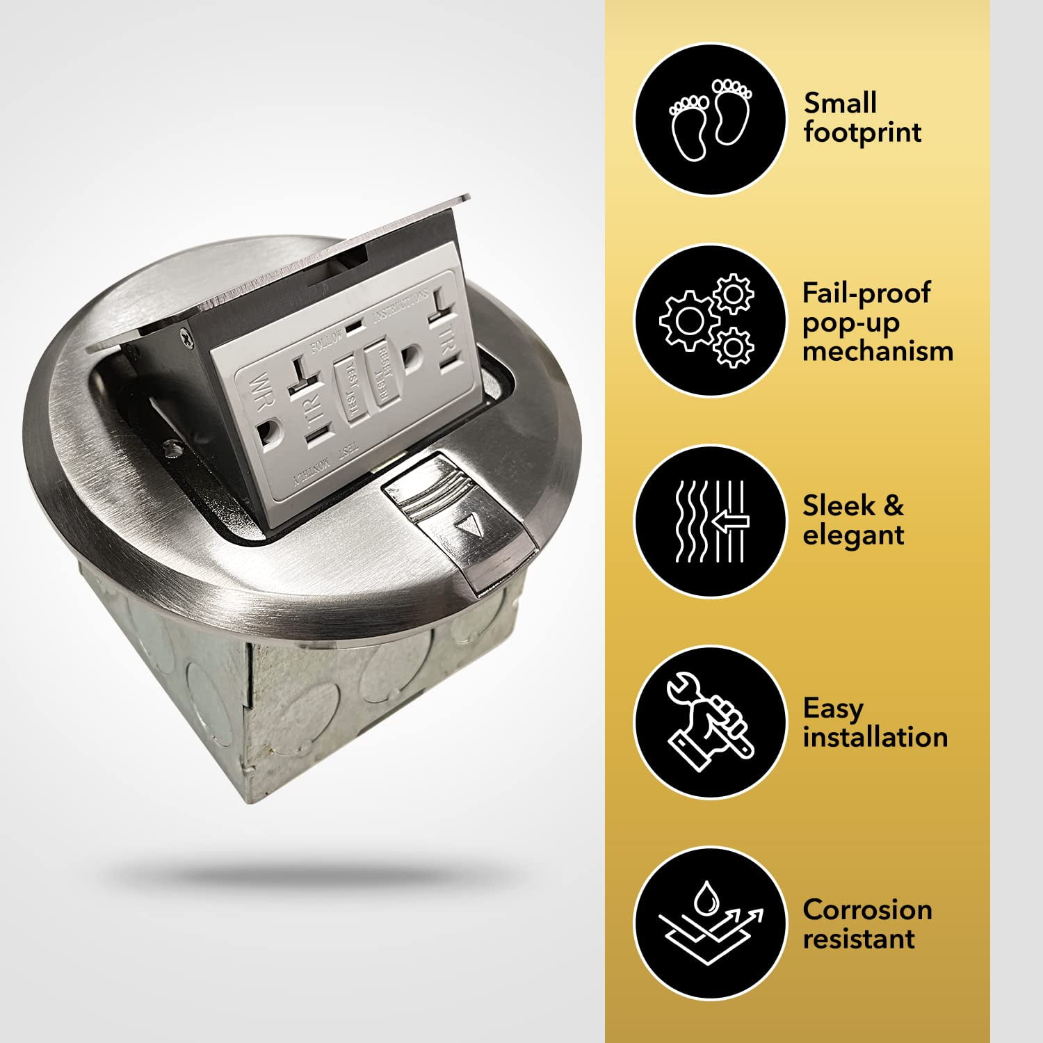 SELECT Lighting SLFB-PU-GFCI-NI 20A Pop Up USB Outlet Receptacles, GFCI Tamper Resistant Round Electrical Floor Box with Nickel Plated Brass Cover, Retractable Recessed Socket for Countertops & Floor
