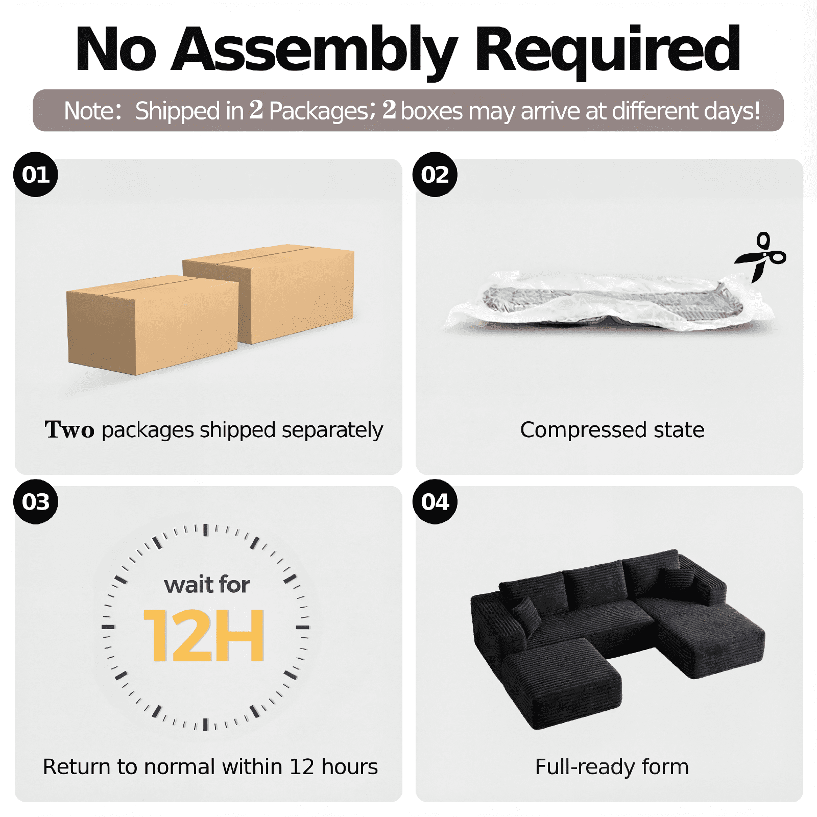Cubente 108" Sectional Couch, Cloud Sofa, Boneless Couch No Assembly Required Modular Couch U-shaped Couch for Living Room