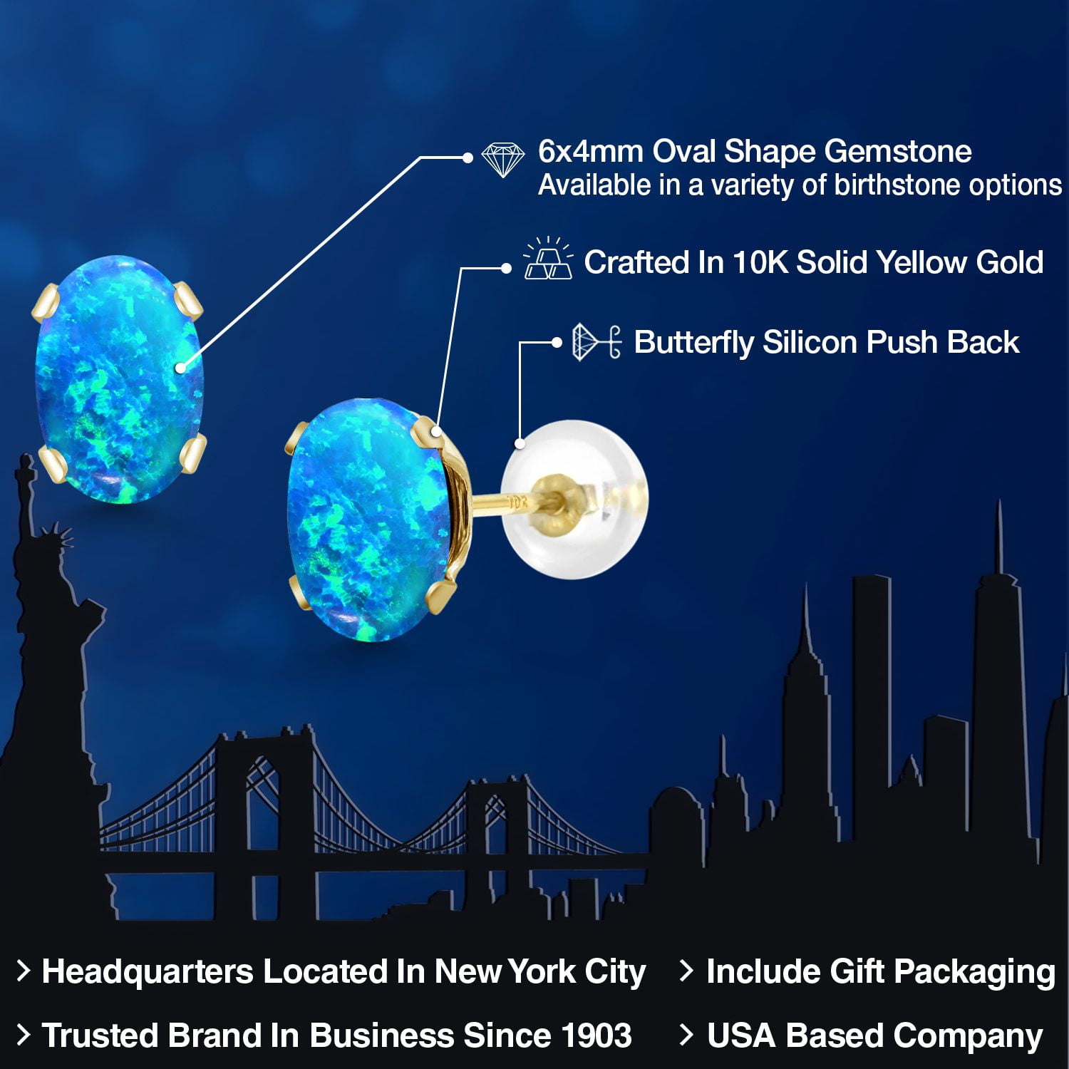 Gem Stone King 10K Yellow Gold Blue Opal Stud Earrings for Women Men (1.00 Cttw, Gemstone October Birthstone, Oval Cabochon 6X4MM)