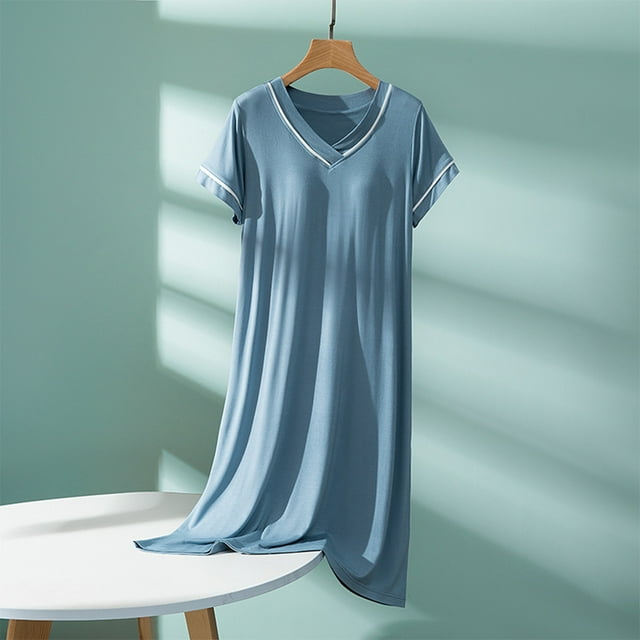 Camisón de manga corta con cuello en V y copas acolchadas extraíbles, suave y cómodo, de poliéster, para dormir en color liso.
